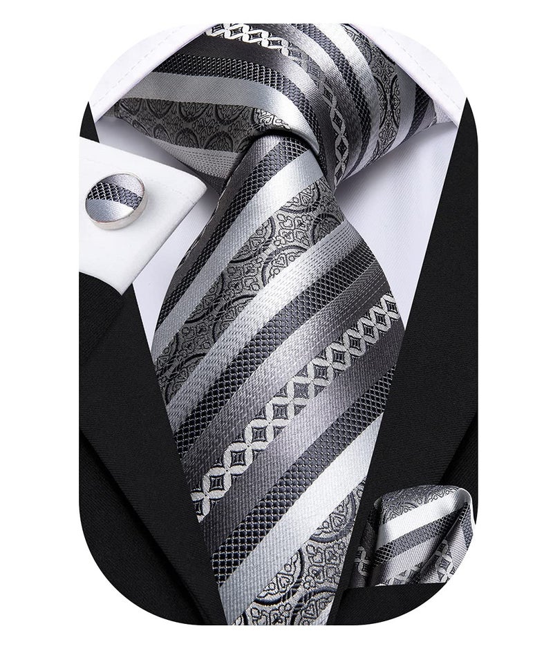 Hi-Tie Silk Ties for Men Plaid Paisley Striped Necktie Pocket Square Cufflinks Set Formal Business,Gray Silver - Image 1